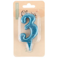 Свеча Цифра, 3 Овал, Синий, с блестками, 4*8 см, 1 шт.