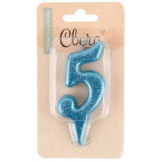 Свеча Цифра, 5 Овал, Синий, с блестками, 4*8 см, 1 шт.
