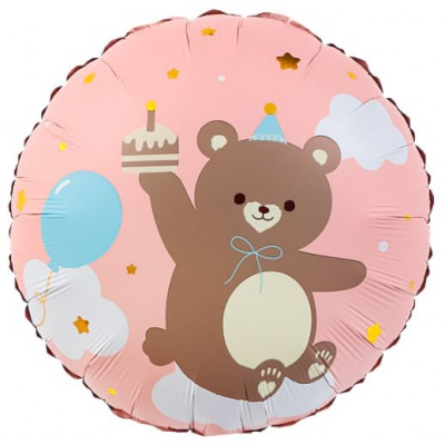 Шар (18''/46 см) Круг, Мишка с кексиком, Розовый, 1 шт. в уп. Falali
