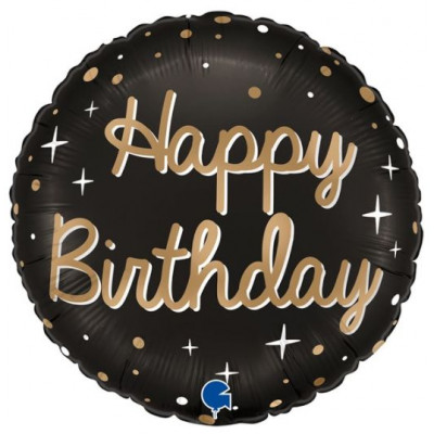 Шар (18''/46 см) Круг, Happy Birthday (золотое конфетти), Черный, Сатин, 1 шт. Grabo