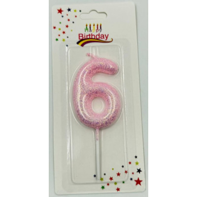 Свеча Цифра 6, Блеск, Розовый, 11 см, 1 шт.