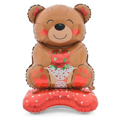 Шар 3D (39''/99 см) Фигура на подставке, Мишка с букетом, 1 шт. в уп. Falali