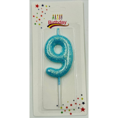 Свеча Цифра 9, Блеск, Голубой, 11 см, 1 шт.