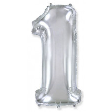Шар (40''/102 см) Цифра, 1, Серебро, 1 шт. в уп. Flexmetal